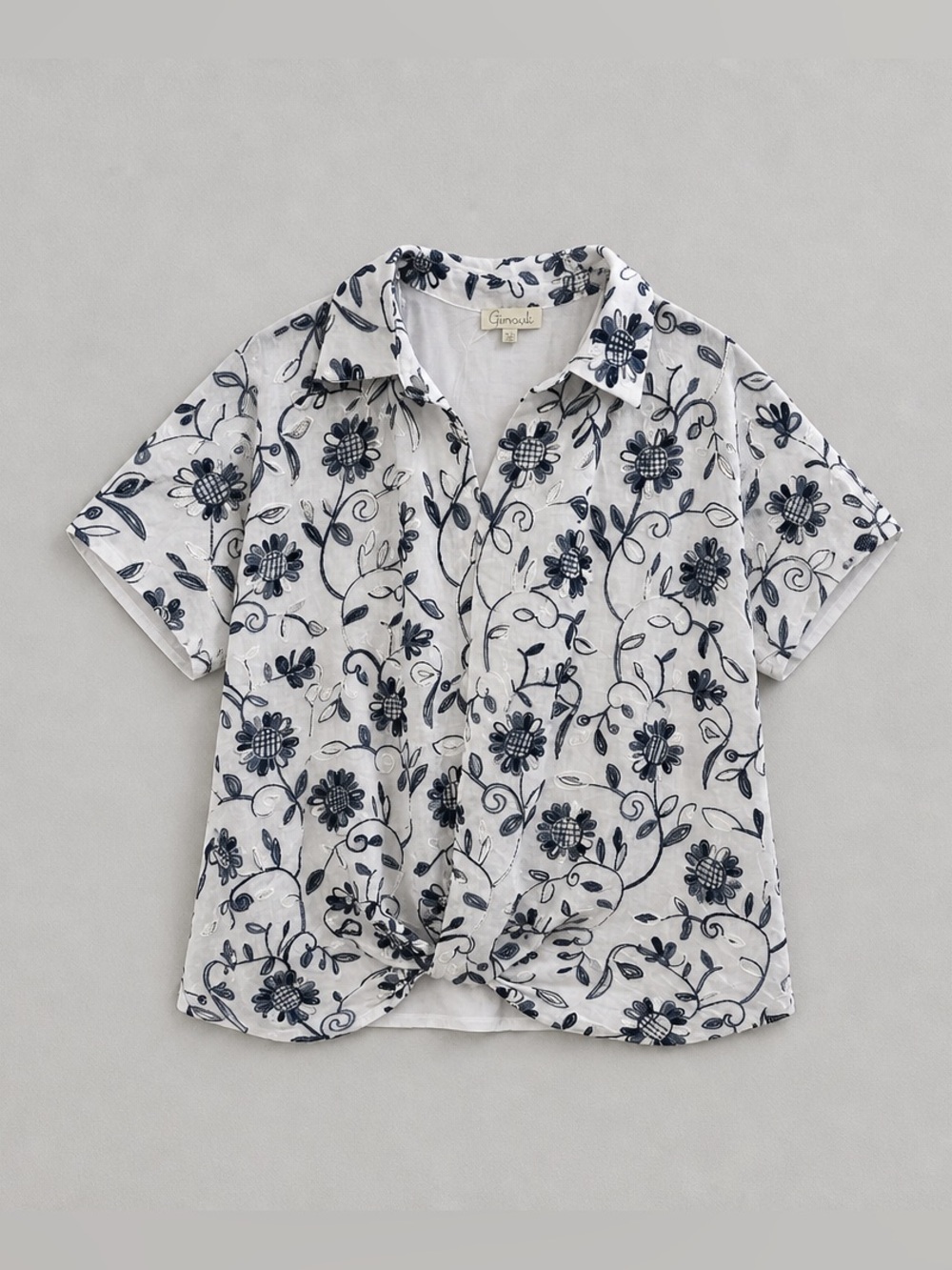 Chenault White Shirt with Navy Floral Embroidery